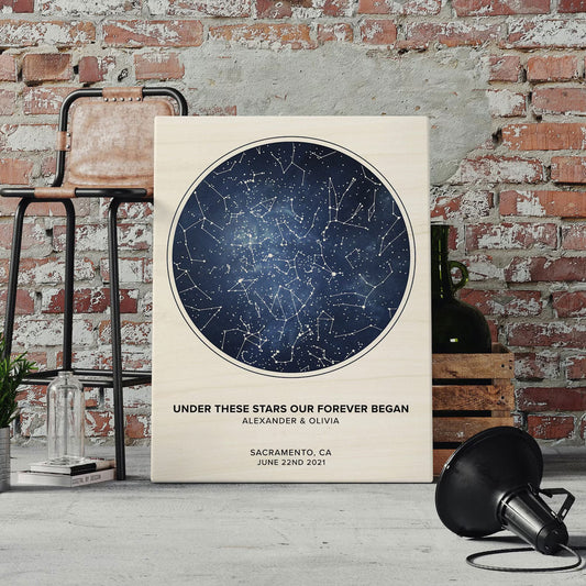 Custom Star Map By Date And Time - Wood Print